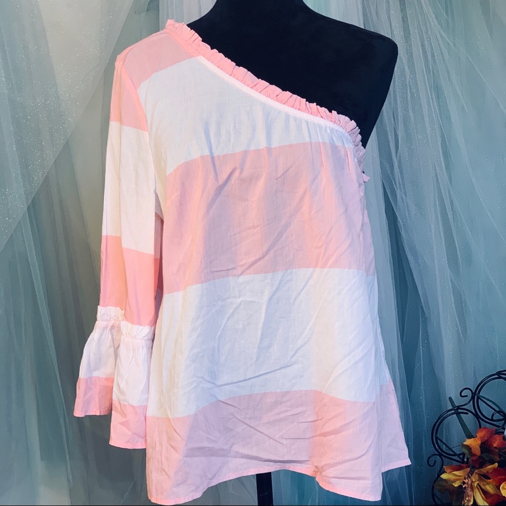 Crown & Ivy One Shoulder Bell Sleeve Ruffle Top